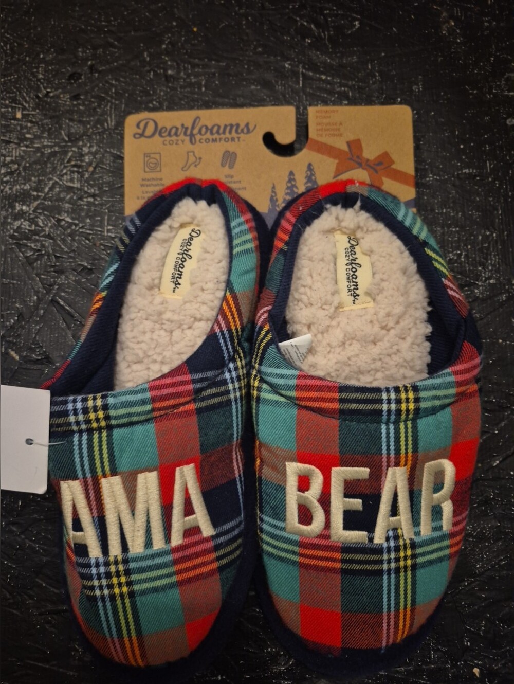 Dearfoams Clog Slippers Womens MAMA BEAR Buffalo Check Plaid Memory Foam
